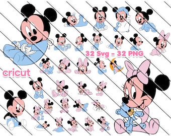 May include: A set of 32 digital images featuring baby Mickey Mouse and Minnie Mouse in various poses. The images are in both SVG and PNG formats. The text "32 Svg - 32 PNG" is included in the image.