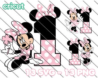 Op de afbeelding: Een roze en zwart Minnie Mouse-personage met witte stippen dat een bloem vasthoudt. Het personage staat naast een groot roze nummer één met witte stippen. De afbeelding bevat de tekst "13 SVG - 13 PNG".