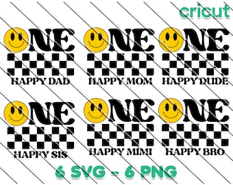 May include: Six digital cut files featuring a smiling face, checkered pattern, and the text "ONE" with different words below, including "HAPPY DAD", "HAPPY MOM", "HAPPY DUDE", "HAPPY SIS", "HAPPY MIMI", and "HAPPY BRO".