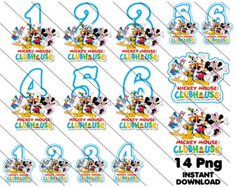 Könnte beinhalten: Ein Set mit 14 druckbaren Bildern mit den Figuren von Mickey Mouse Clubhouse. Jedes Bild enthält eine Zahl von 1 bis 6 sowie Mickey Mouse, Minnie Mouse, Donald Duck, Goofy und Pluto. Die Bilder sind perfekt zum Erstellen von Geburtstagsdekorationen, Partygeschenken oder anderen Bastelarbeiten.