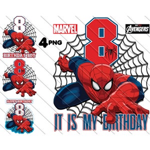 スパイダーマン 8歳の誕生日男の子：ケーキトッパー PNG、パーティーデコレーション（デジタルダウンロード）