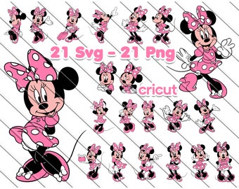 Puede incluir: Un conjunto de 21 archivos de corte digital que presentan un ratón de dibujos animados en varias poses. El ratón lleva un vestido rosa con lunares blancos y un lazo rojo. El texto "21 Svg - 21 Png Cricut" está incluido en la imagen.
