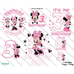 Svg Minnie Mouse, Svg Minnie pour Cricut, imprimable Png Minnie Mouse, clipart, fichiers image, 3e anniversaire, 3e anniversaire de Minnie Mouse