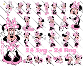 May include: A set of 24 digital images featuring a cartoon character in various poses. The character is a pink and white mouse with black eyes and a black nose. The character is wearing a pink dress with white polka dots and a pink bow. The images are in SVG and PNG format.
