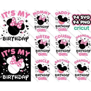 Pacote de aniversário de menina família Svg, feliz aniversário Svg, esquadrão de aniversário, Svg para Cricut, Minnie Mouse Png, pacote de família de aniversário de menina Svg, Png