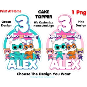 May include: Cake topper designs with cartoon cat characters, the number 3, and the name "ALEX". Available in green and pink, with the text "HAPPY BIRTHDAY" and "Choose The Design You Want". Digital file.