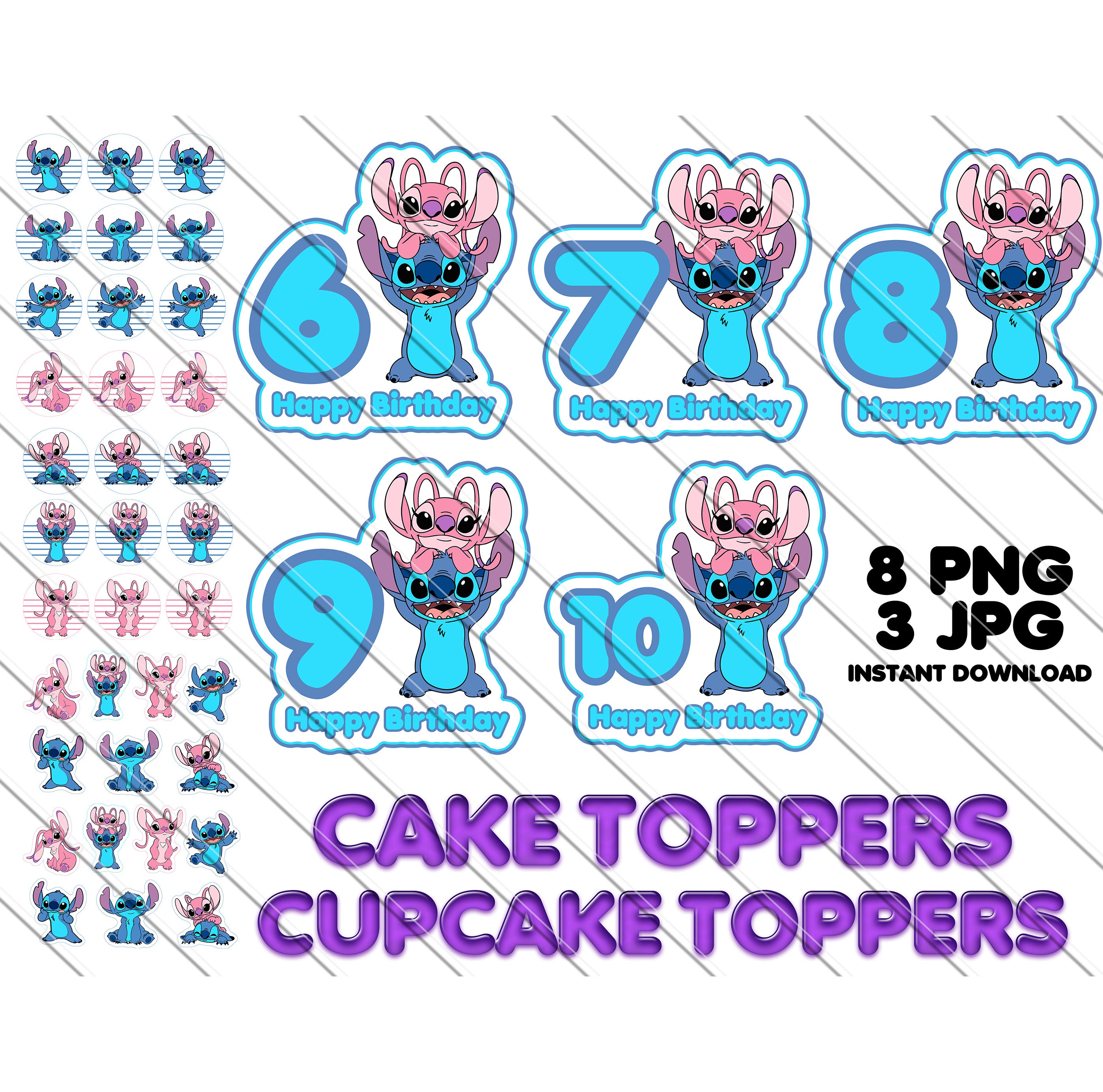 Stitch and Angel Cake Topper, Cupcake Toppers, Instant Download, Printable PNG-JPG Files, Stitch 6th 7th 8th 9th 10th Birthday Cake topper