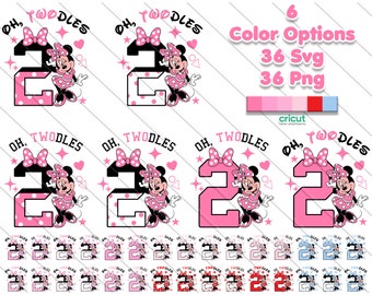 May include: A set of 36 digital files featuring a pink number two with polka dots and a cartoon mouse wearing a pink dress and bow. The text "Oh, Twodles" is written above the number. The files are available in SVG and PNG formats.