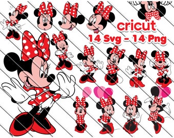 Puede incluir: Un conjunto de 14 imágenes digitales que presentan un ratón de dibujos animados en varias poses. El ratón lleva un vestido rojo con lunares blancos y un lazo rojo. Las imágenes están etiquetadas como "Cricut 14 Svg - 14 Png".