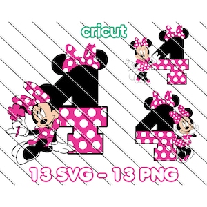 Svg Minnie Mouse, Svg Minnie pour Cricut, Png Minnie Mouse imprimable, clipart, fichiers image, 4e anniversaire, 4e anniversaire de Minnie Mouse