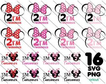 May include: A set of 16 digital cut files featuring a pink and red bow with polka dots and the text "I'm Two-doodles". The files are available in SVG, PNG, and Cricut formats.
