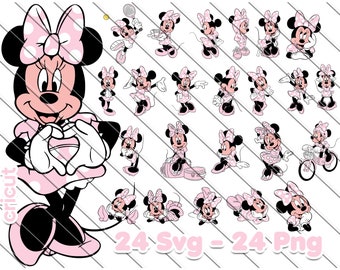 May include: A set of 24 digital images featuring a cartoon mouse in various poses. The mouse is wearing a pink dress with white polka dots and a pink bow. The images are labeled "24 Svg - 24 Png".