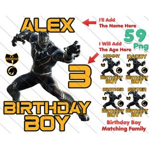 Puede incluir: Diseño de fiesta de cumpleaños de Black Panther con un personaje de superhéroe negro con un número 3 amarillo, las palabras "Birthday Boy" y "Alex" en amarillo, y un logotipo de Wakanda. El diseño también incluye camisetas a juego para la familia con las palabras "Mamá", "Papá", "Hermano" y "Hermana" en blanco y negro.