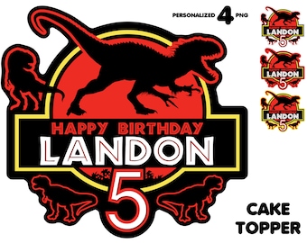 May include: A red, yellow and black Jurassic Park themed cake topper with a dinosaur silhouette, the text "Happy Birthday Landon 5", and a smaller dinosaur silhouette on each side.