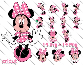 May include: A pink and white Minnie Mouse character in various poses. The character is wearing a pink dress with white polka dots and a pink bow with white polka dots. The image includes the text "14 Svg - 14 Png" and the word "Cricut".