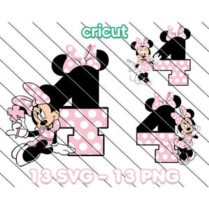 Minnie Mouse 4 ° compleanno, Minnie Mouse Svg, Minnie Mouse Svg per Cricut, Minnie Mouse Png, ClipArt, File immagine, Png stampabile, Svg