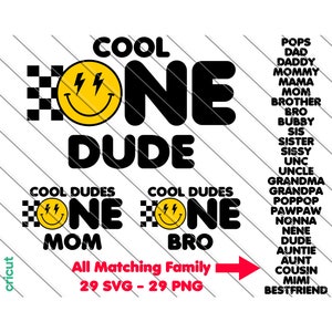 One Cool Dude Matching Birthday Svg,Png, 1º Aniversário, Smiley Face Svg, Roupa de Aniversário, One Cool Dudes, Aniversário de Família, Para Mamãe, Para Papai