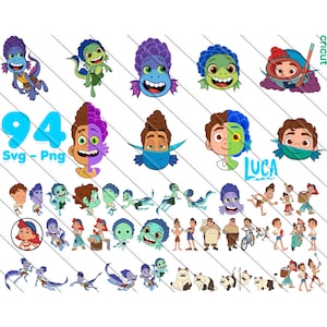 May include: A set of 94 digital clipart images featuring characters from the animated film Luca. The images include Luca, Alberto, Giulia, and other characters from the film. The images are in SVG and PNG format.