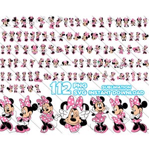 May include: A collection of Minnie Mouse images in various poses, dressed in pink and white polka dot outfits, with pink bows. The image includes the text "112 PNG SVG INSTANT DOWNLOAD".