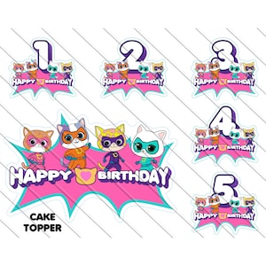 May include: A set of five cake toppers featuring a group of cartoon cats dressed as superheroes. Each topper has a number from 1 to 5 and the words "Happy Birthday". The toppers are on a white background.