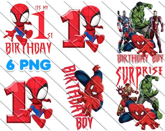 Spidey and Friends 1st Birthday PNG Images: Cake Topper (Digital Download)
