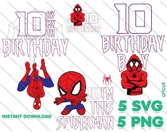 Spiderman 10th Birthday SVG/PNG Bundle: Cake Topper, T-shirt (Instant Download)