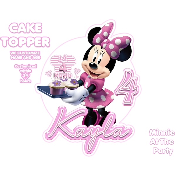 Personalized Minnie Mouse Cake Topper, Pink Minnie Birthday Cake Topper, Minnie At The Party