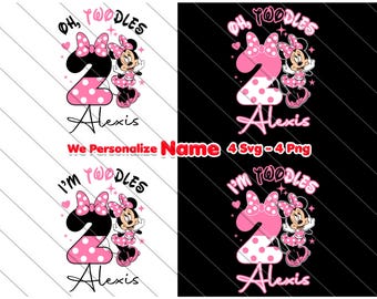 May include: Two pink and white Minnie Mouse themed designs for a 2nd birthday. The designs feature the number 2 with polka dots, Minnie Mouse, and the text "Oh, Toodles" and "I'm Toodles".