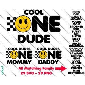 One Cool Dude Matching Birthday Svg,Png, 1º Aniversário, Smiley Face Svg, Roupa de Aniversário, One Cool Dudes, Aniversário de Família, Para Mamãe, Para Papai