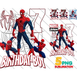 Super-herói 7º aniversário PNG, imprimíveis de festa do Homem-Aranha, topo de bolo do Aranha, download instantâneo, diversão de aniversário infantil, menino de 7º aniversário