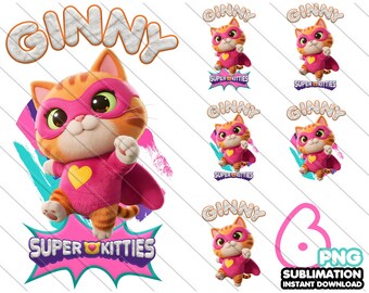 Super Kitties Ginny PNG Bundle - 6 Cute Digital Clipart Images - Cat Themed Sublimation for Kids Birthday Shirts - Instant Download