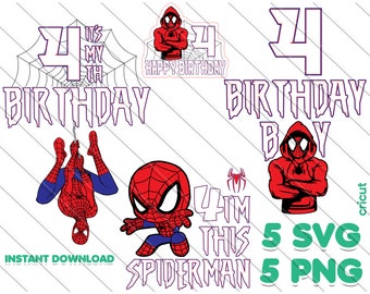 Spiderman 4th Birthday SVG/PNG Bundle: Cake Topper, T-shirt,Birthday Boy  (Digital Download)
