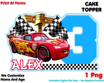 Custom Cars Birthday Cake Topper, Printable Lightning McQueen PNG, Personalized Digital Cars Party Decoration, Lightning Mcqueen Cake Topper