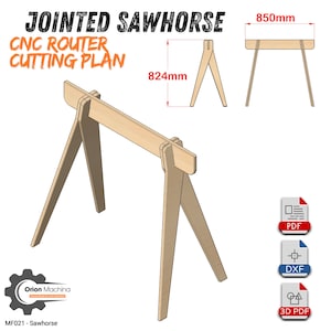 Op de afbeelding: Een 3D-model van een bok gemaakt van hout. De bok is 824 mm breed en 850 mm lang. Het model is gelabeld met "JOINTED SAWHORSE" en "CNC ROUTER CUTTING PLAN".