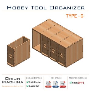 May include: A wooden hobby tool organizer, Type-G, with multiple compartments and a separate box. The organizer is compatible with CNC routers and laser cutters. The material thickness is 1/4 inch.