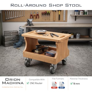 May include: A light-colored wooden roll-around shop stool with a rectangular top and a lower shelf. The stool has four caster wheels and is designed for workshop use. The text "ROLL-AROUND SHOP STOOL" is at the top of the image.