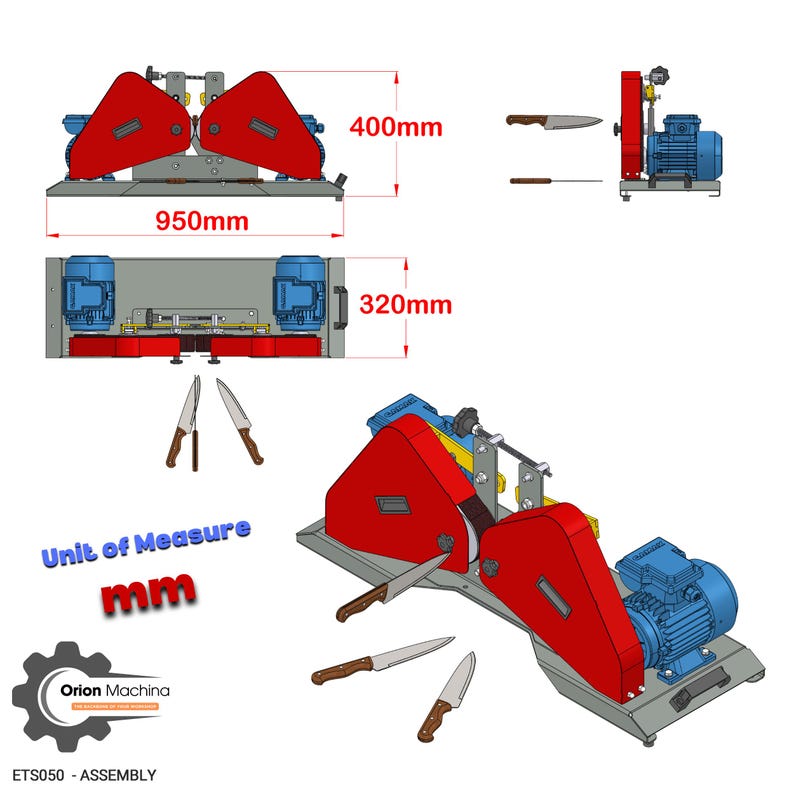 May include: A red and blue knife sharpening machine with two grinding wheels. The machine is 950 mm wide, 400 mm tall, and 320 mm deep. The unit of measure is mm. The machine is shown with five knives.