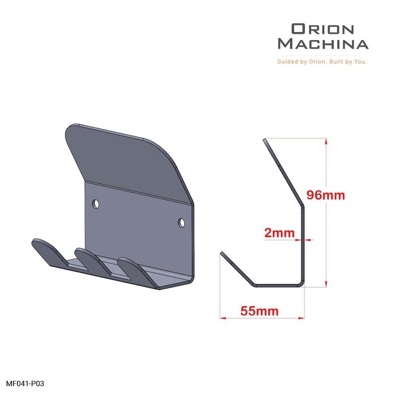 May include: A gray metal wall-mounted hook with three prongs. The design includes a backplate with two holes for mounting and a curved top. The dimensions are 55mm wide, 96mm high, and 2mm thick. The text "ORION MACHINA" is at the top.