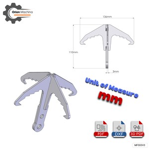 Puede incluir: Un modelo 3D de un gancho de metal con cuatro puntas. El gancho tiene 136 mm de largo y 110 mm de ancho. El gancho tiene 3 mm de grosor. El modelo est&aacute; en mil&iacute;metros. La imagen tambi&eacute;n incluye el texto "Unit of Measure mm" e iconos para archivos PDF, DXF y 3D PDF.