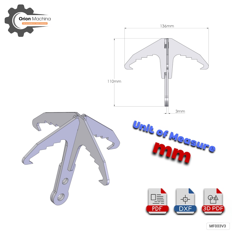 Puede incluir: Un modelo 3D de un gancho de metal con cuatro puntas. El gancho tiene 136 mm de largo y 110 mm de ancho. El gancho tiene 3 mm de grosor. El modelo est&aacute; en mil&iacute;metros. La imagen tambi&eacute;n incluye el texto "Unit of Measure mm" e iconos para archivos PDF, DXF y 3D PDF.