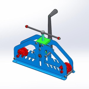 May include: A blue metal pipe bender with a lever handle and two sets of rollers. The bender is designed to bend metal pipes into different shapes.