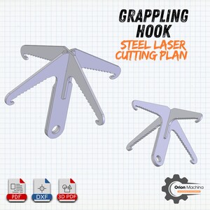 May include: A 3D model of a grappling hook, designed for laser cutting from steel. The model is shown in a light gray color and is displayed on a grid background. The image includes the text "GRAPPLING HOOK" and "STEEL LASER CUTTING PLAN".