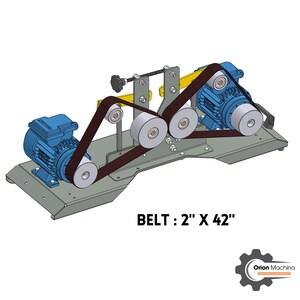 May include: A 2-inch by 42-inch belt sander with two blue electric motors and a brown belt. The sander is made of metal and has a gray base. The text "BELT: 2" X 42" is printed below the sander.