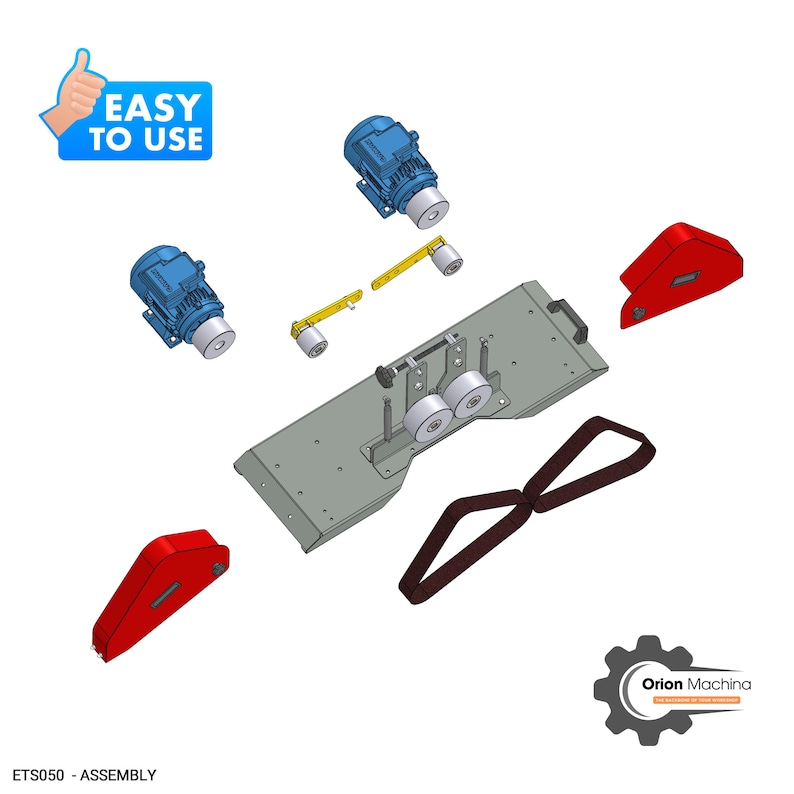May include: A 3D rendering of a belt sander assembly with two blue electric motors, two red safety guards, a gray metal base, and a brown belt. The assembly is labeled "ETS050 - ASSEMBLY".
