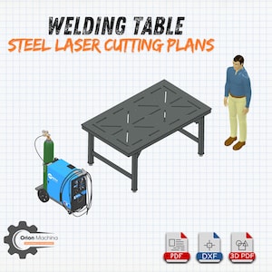 Puede incluir: Una mesa de soldadura con una superficie de acero y cuatro patas. La mesa tiene un patrón de cuadrícula en la parte superior y está diseñada para proyectos de soldadura. La imagen también muestra una máquina de soldar y un cilindro de gas. El texto en la imagen dice "Welding Table Steel Laser Cutting Plans".