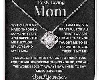 Son to Mom Necklace: Cubic Zirconia Love Knot Pendant