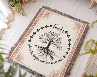 Family Tree Woven Blanket, Heartfelt Gift, Cotton Throw