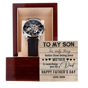 Cadeau de fête des pères pour un fils de maman - Montre ajourée avec carte à message sentimental, cadeau de fête des pères pour fils de maman - Boîte en bois gravée