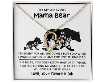 Personalized Mama Bear Heart Necklace: 18k Gold or 14k White Gold
