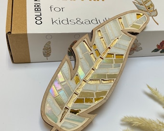 DIY Mosaic Feather Kit Gold & White Glass Art Craft Handmade decor